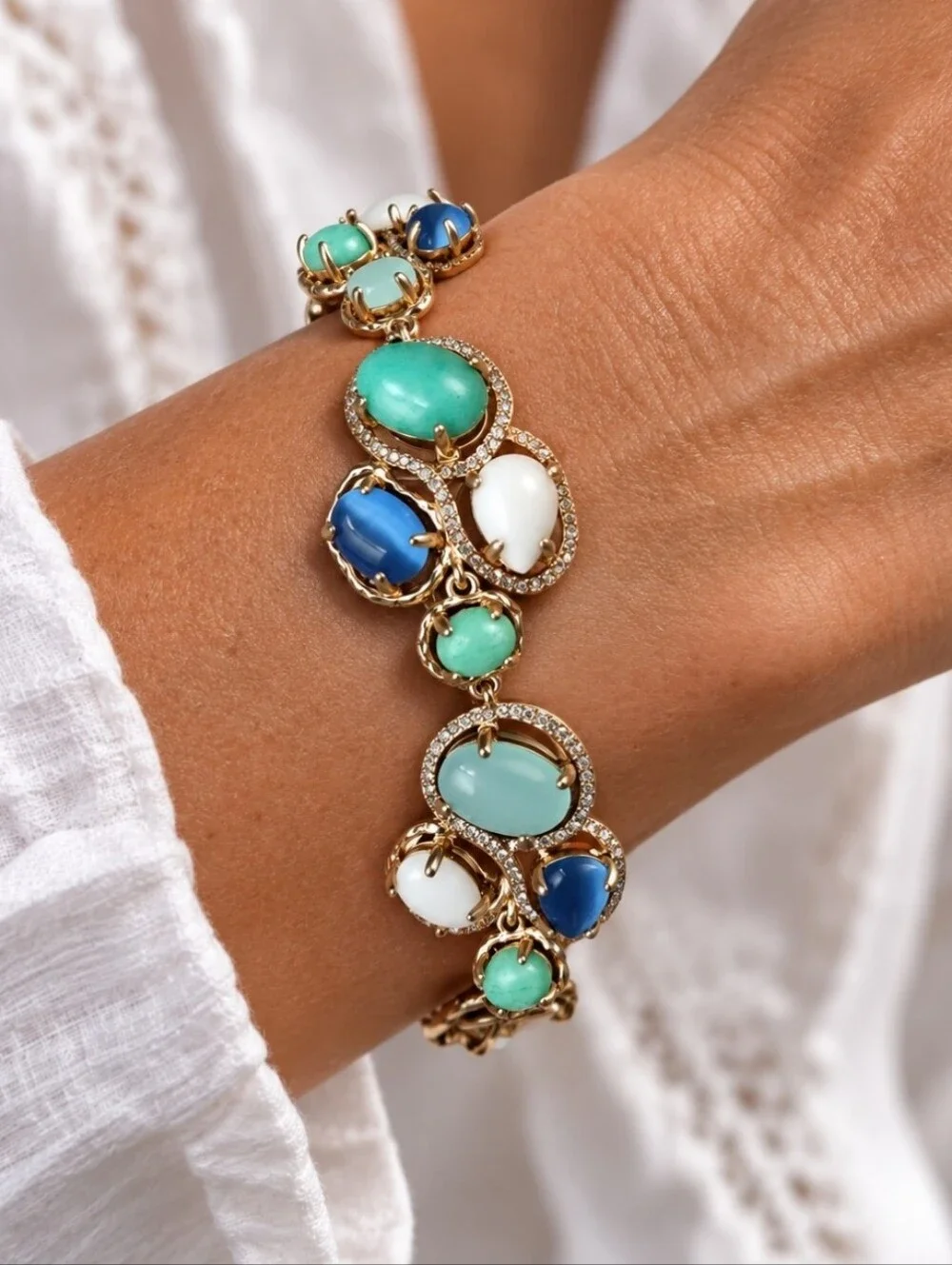 Badgley Mischka Ann Taylor Toggle Clasp Genuine Stones Bracelet Gold Tone Beachy